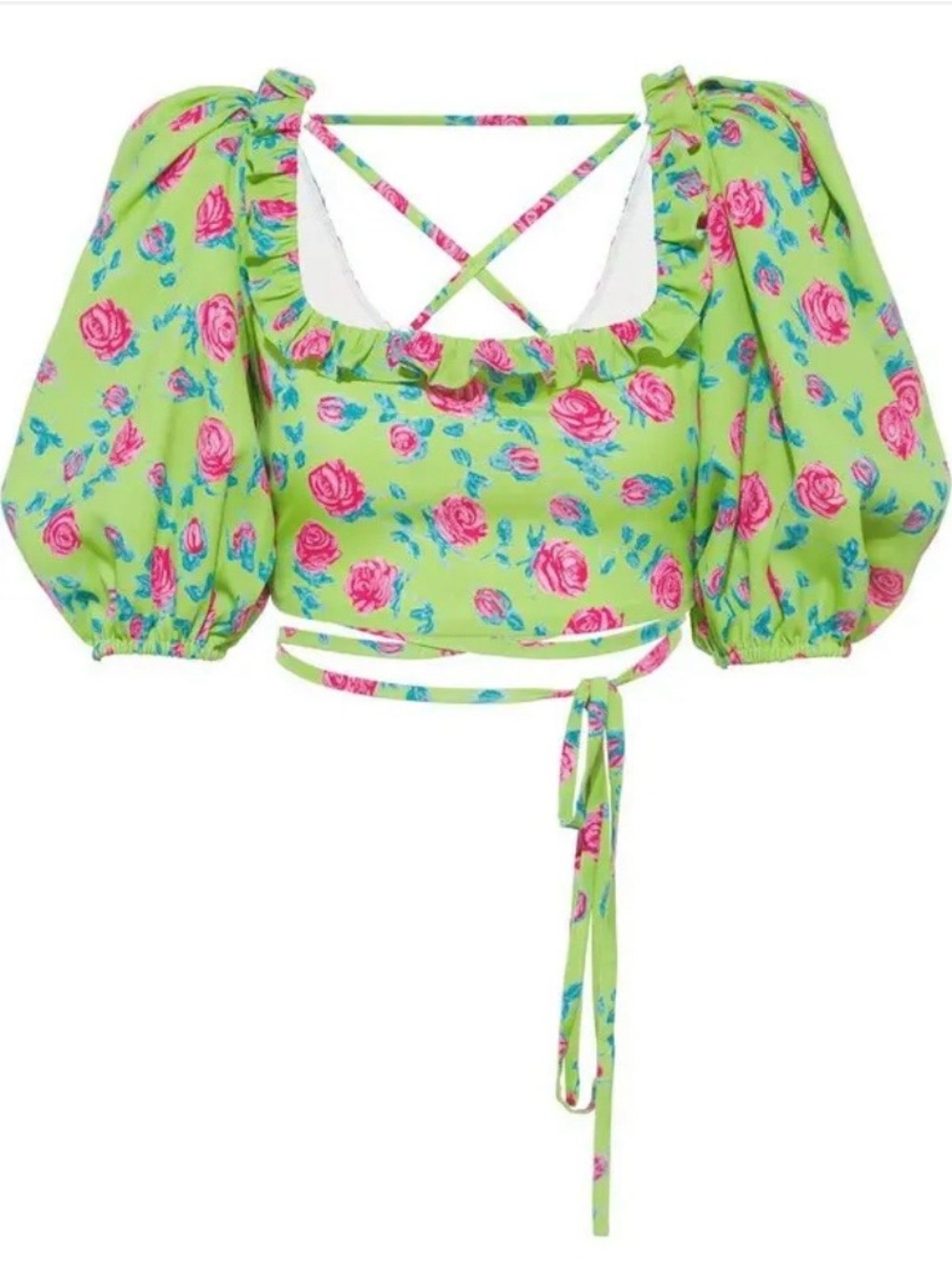 Green & Rose Pink Crepe Cropped w/ Ruffle Trim Puff Sleeves Blouse Top Sz S